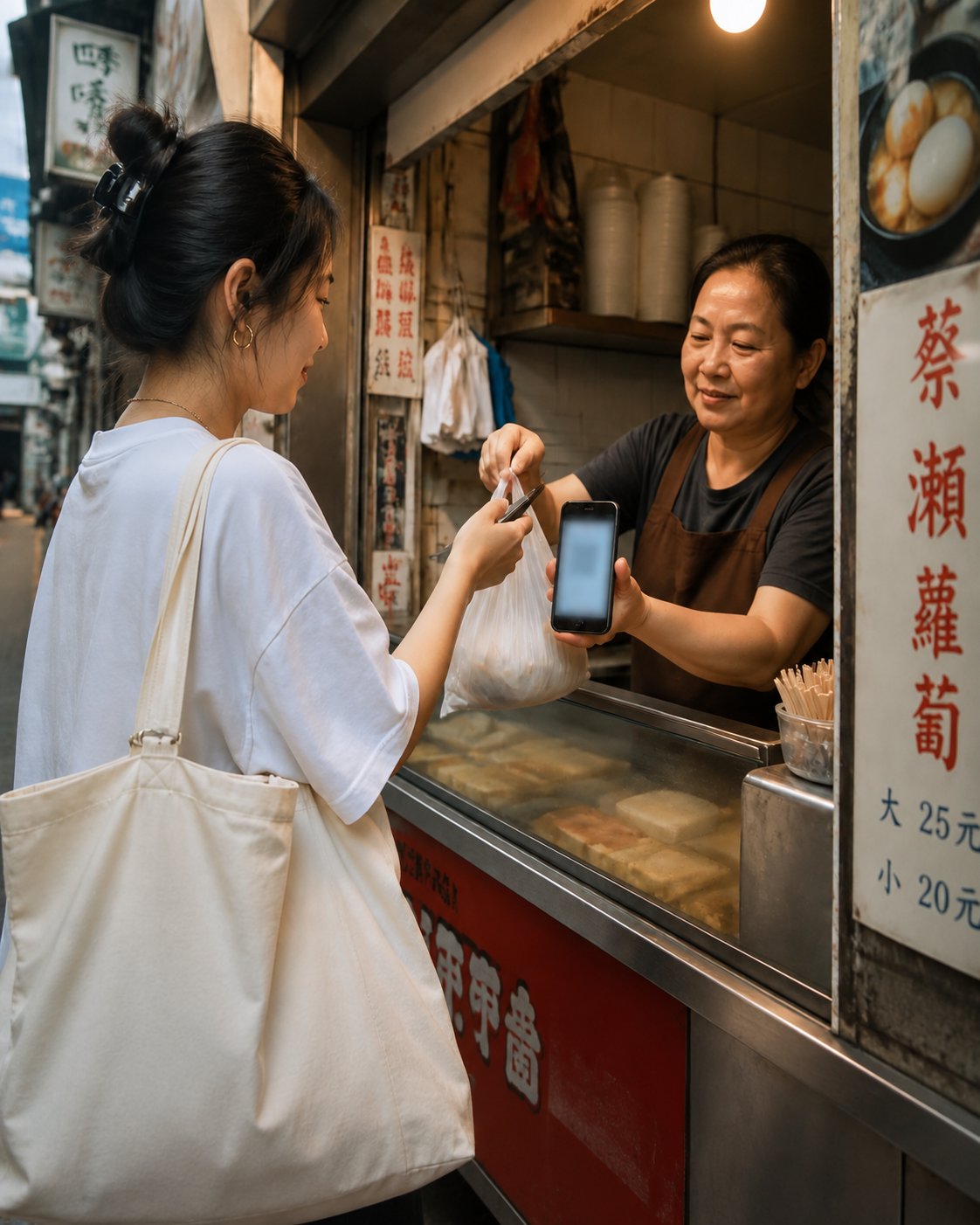 Asian customer collecting a takeaway bag at a Hong Kong street food stall while paying with a mobile wallet on the stall owner's phone