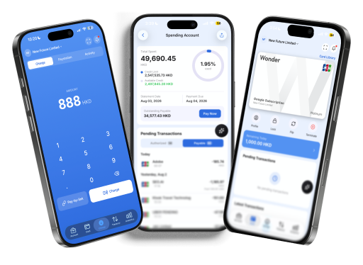 Wonder app on three phones: SoftPOS charge screen, payment method selection and card management