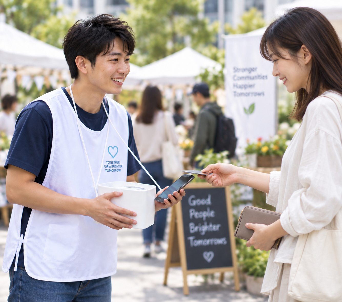 Asian charity volunteer with a donation bucket while a supporter taps her card to give at an outdoor community fundraising fair