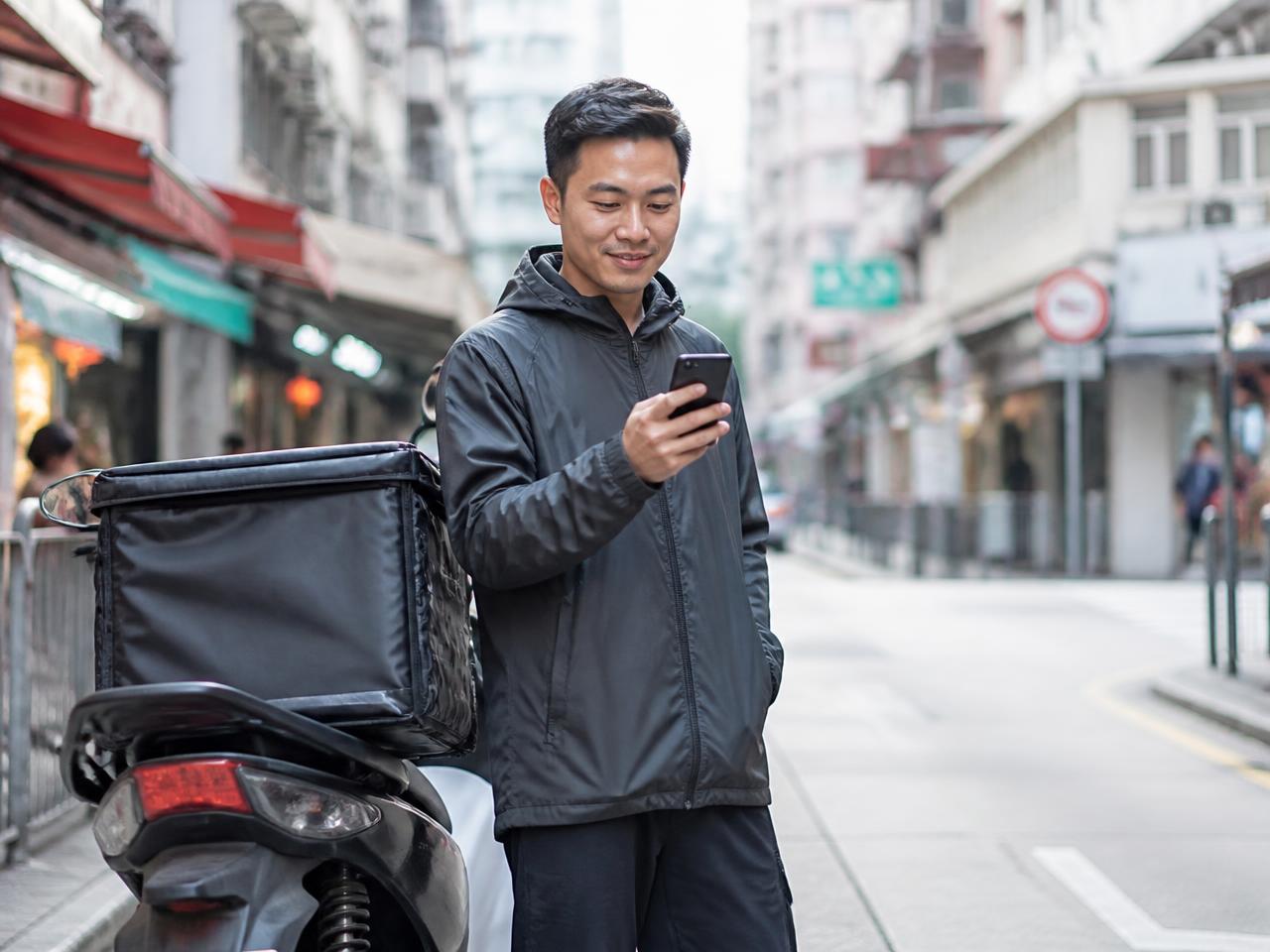 Asian courier standing beside his motorbike with a delivery box on a Hong Kong street, checking his phone after completing a payment
