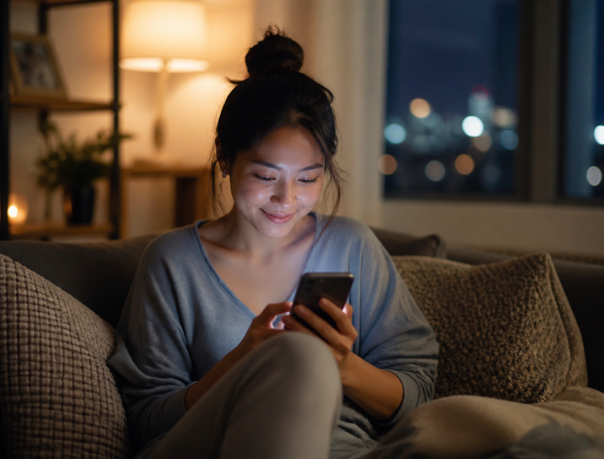 Young Asian woman making an online donation on her smartphone from her sofa at home in the evening