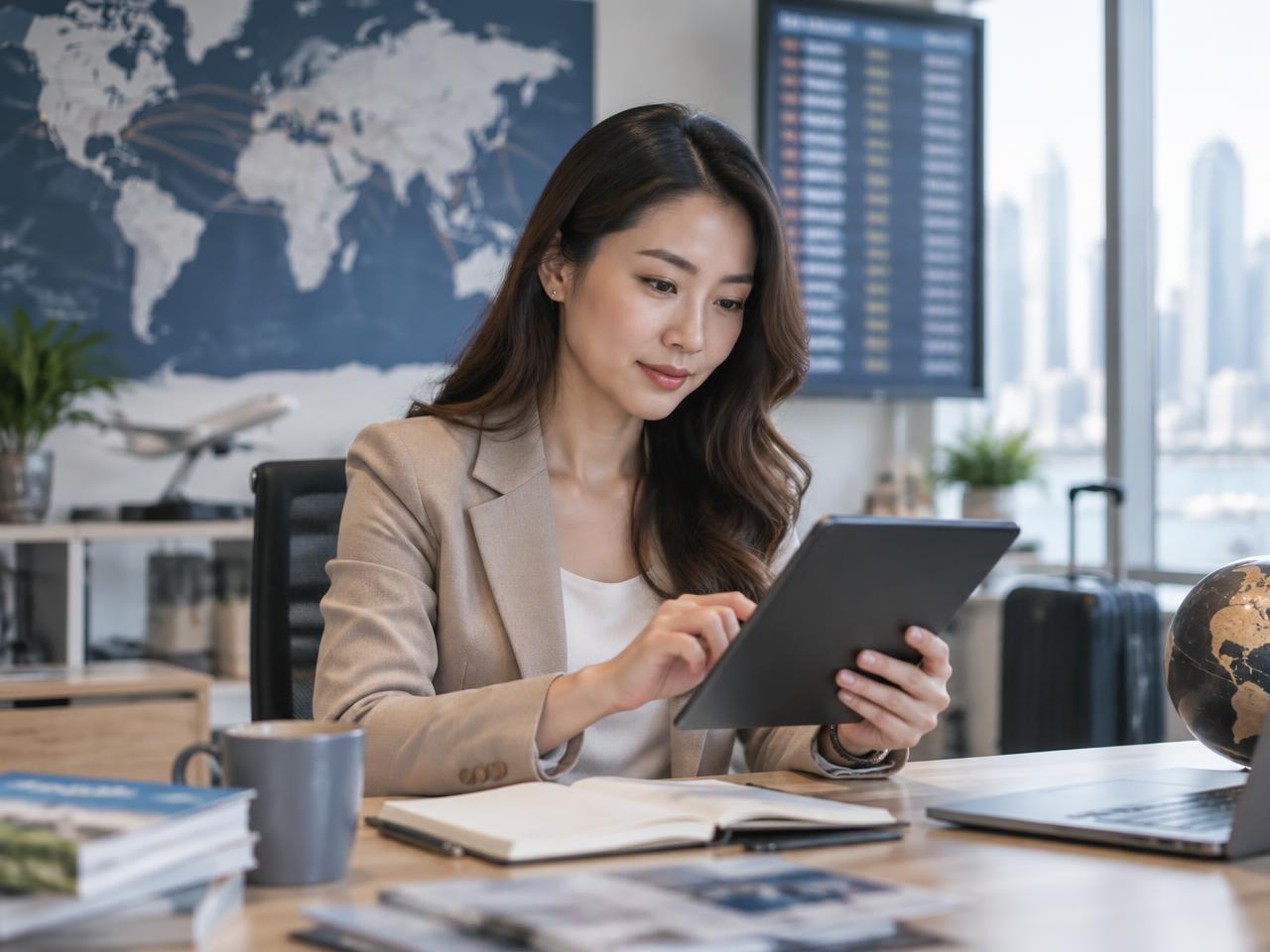 Travel agency operations manager reviewing supplier payments on a tablet in an office with a world map