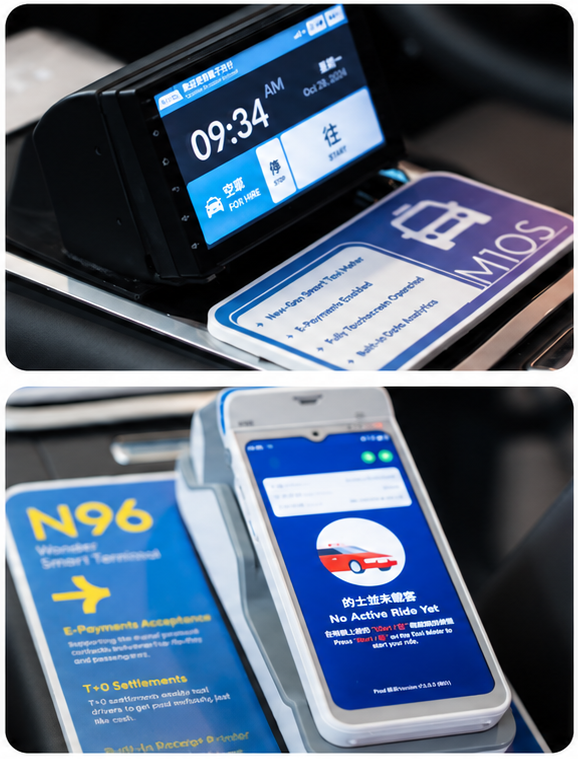 Wonder Smart Taximeter and Wonder Smart Terminal installed inside a taxi showing the fare and payment screens