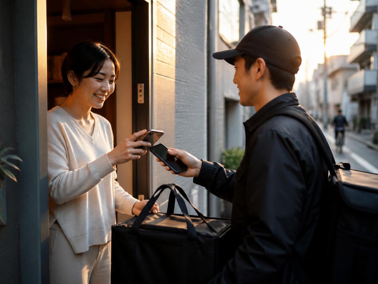 Asian delivery courier at a customer's doorway in Japan while the customer holds her phone near the courier's phone to pay contactless