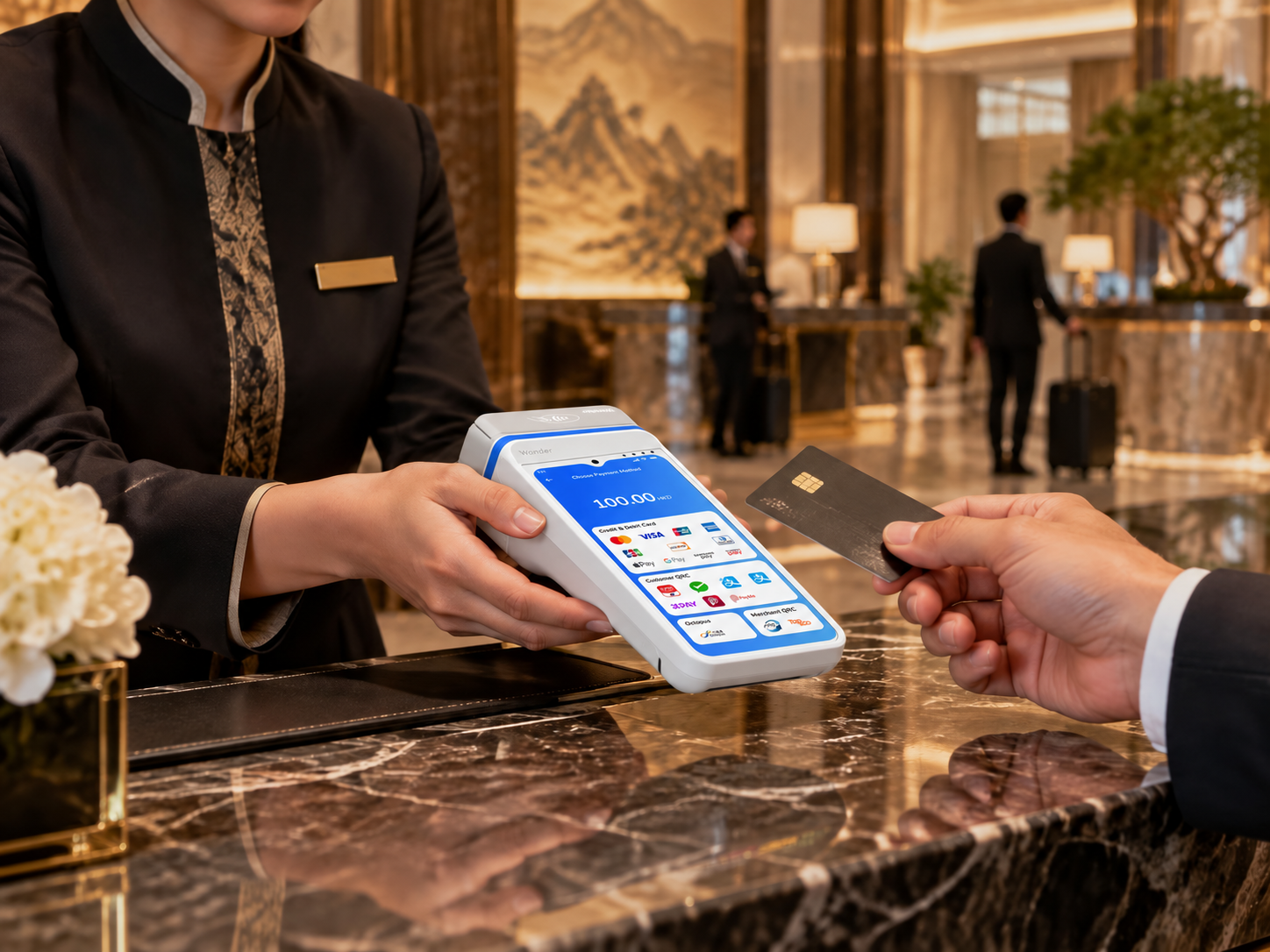 Hotel receptionist holding a card payment terminal as a guest presents a card