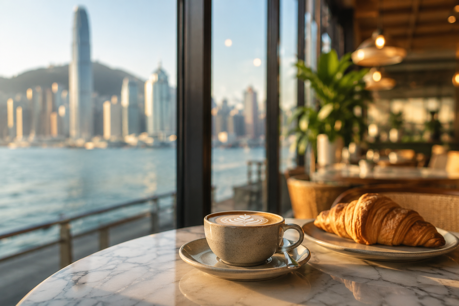 香港海濱咖啡館的咖啡與牛角包