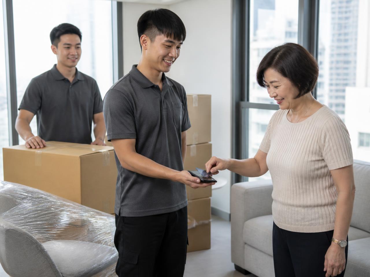 Asian mover holding out his smartphone in a bright Hong Kong apartment while the customer taps a contactless card on it after the move is complete