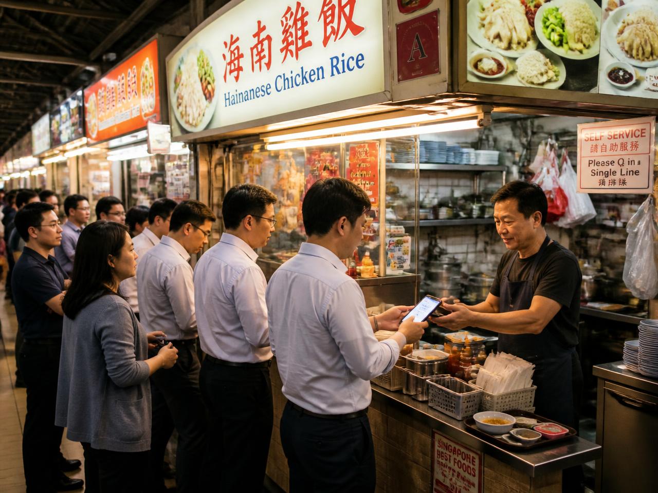 Queue of office workers at a busy Singapore hawker centre stall while the Asian stall owner takes a payment on a smartphone from the customer at the front