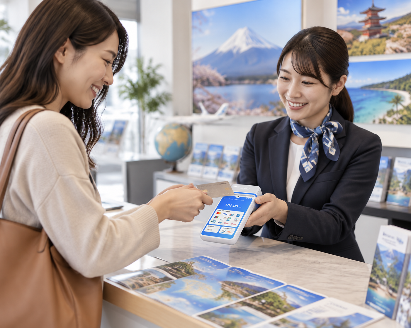 Customer tapping a card on a payment terminal held by a travel consultant at an agency counter in Japan