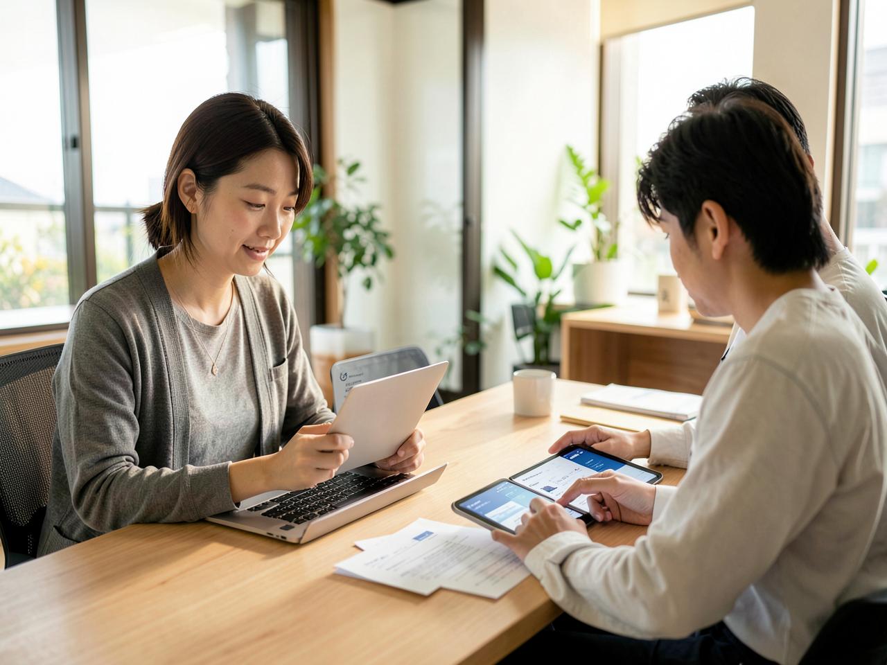 Asian business owner sending a payment request from a laptop while a colleague reviews a digital invoice on a tablet in a Japanese office