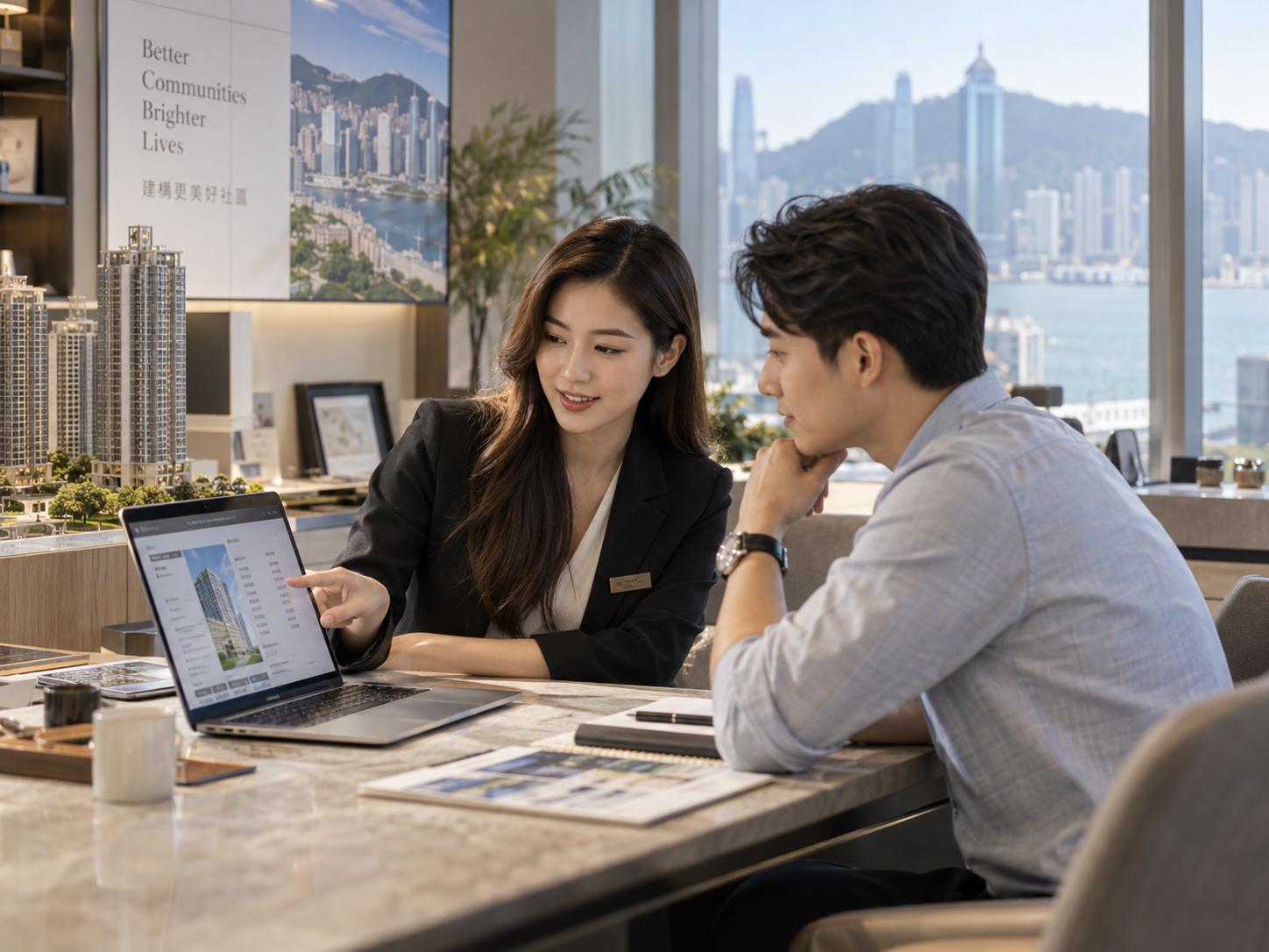 Asian property consultant walking a client through property fee details on a laptop in a Hong Kong sales office with harbour views