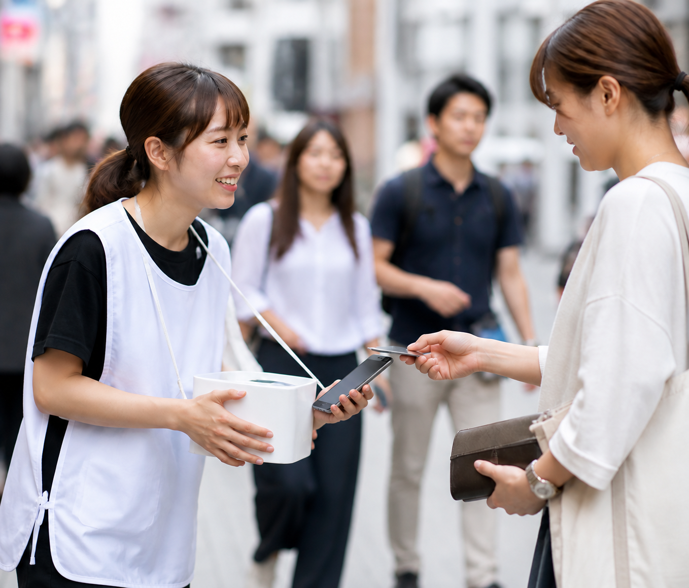 Asian charity volunteer accepting a contactless card donation from a passerby on a busy Japanese shopping street