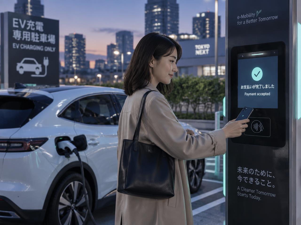 Driver paying with a smartphone at an unattended EV charging point at dusk