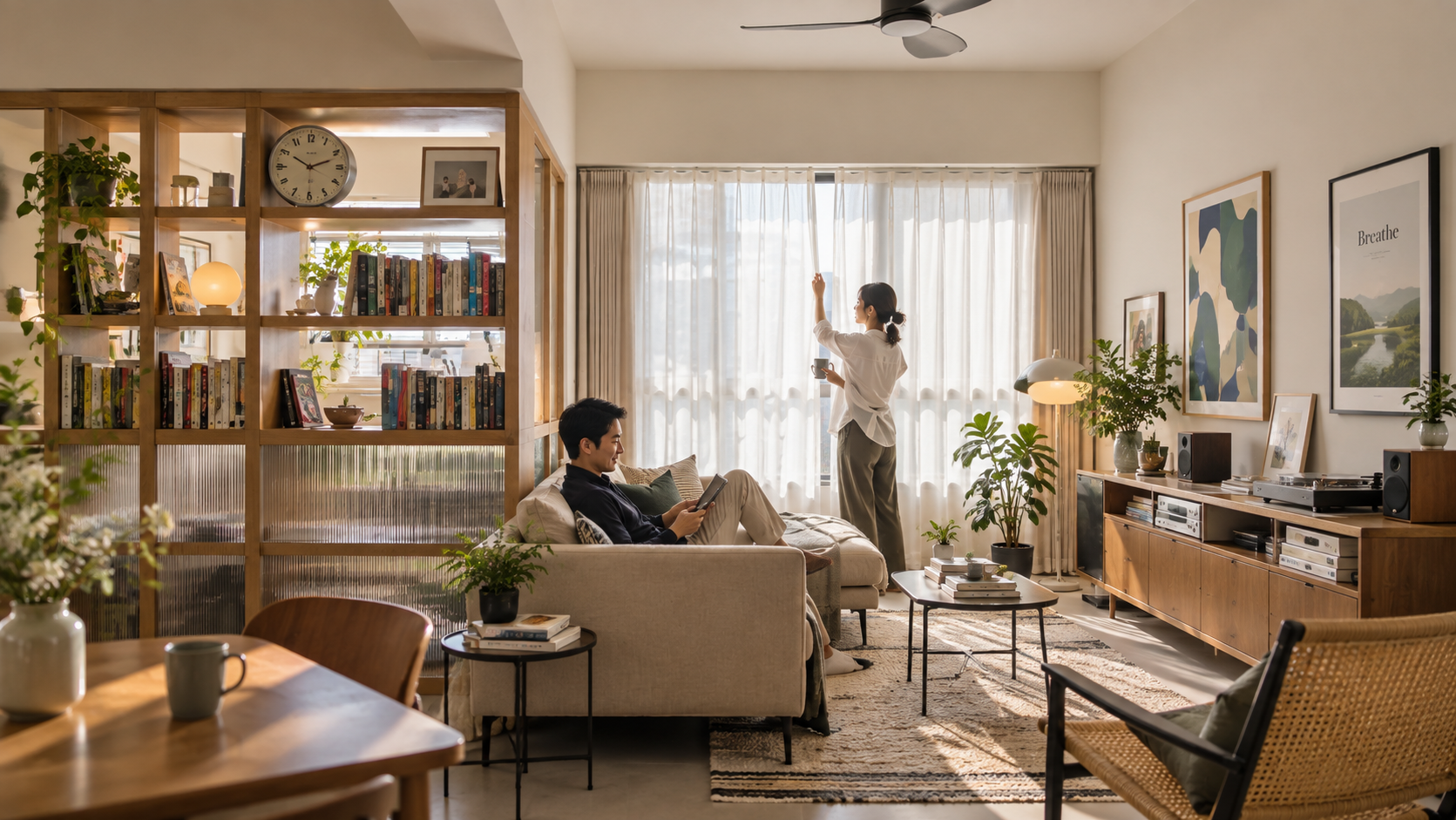 Asian couple relaxing in their bright modern apartment living room, one reading on the sofa while the other adjusts the curtains