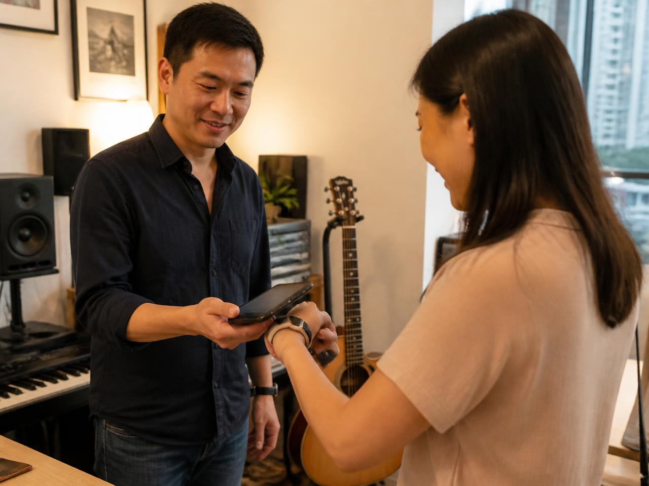 Asian music teacher in a home studio with a guitar and keyboard, holding his smartphone while a student taps her smartwatch on it to pay