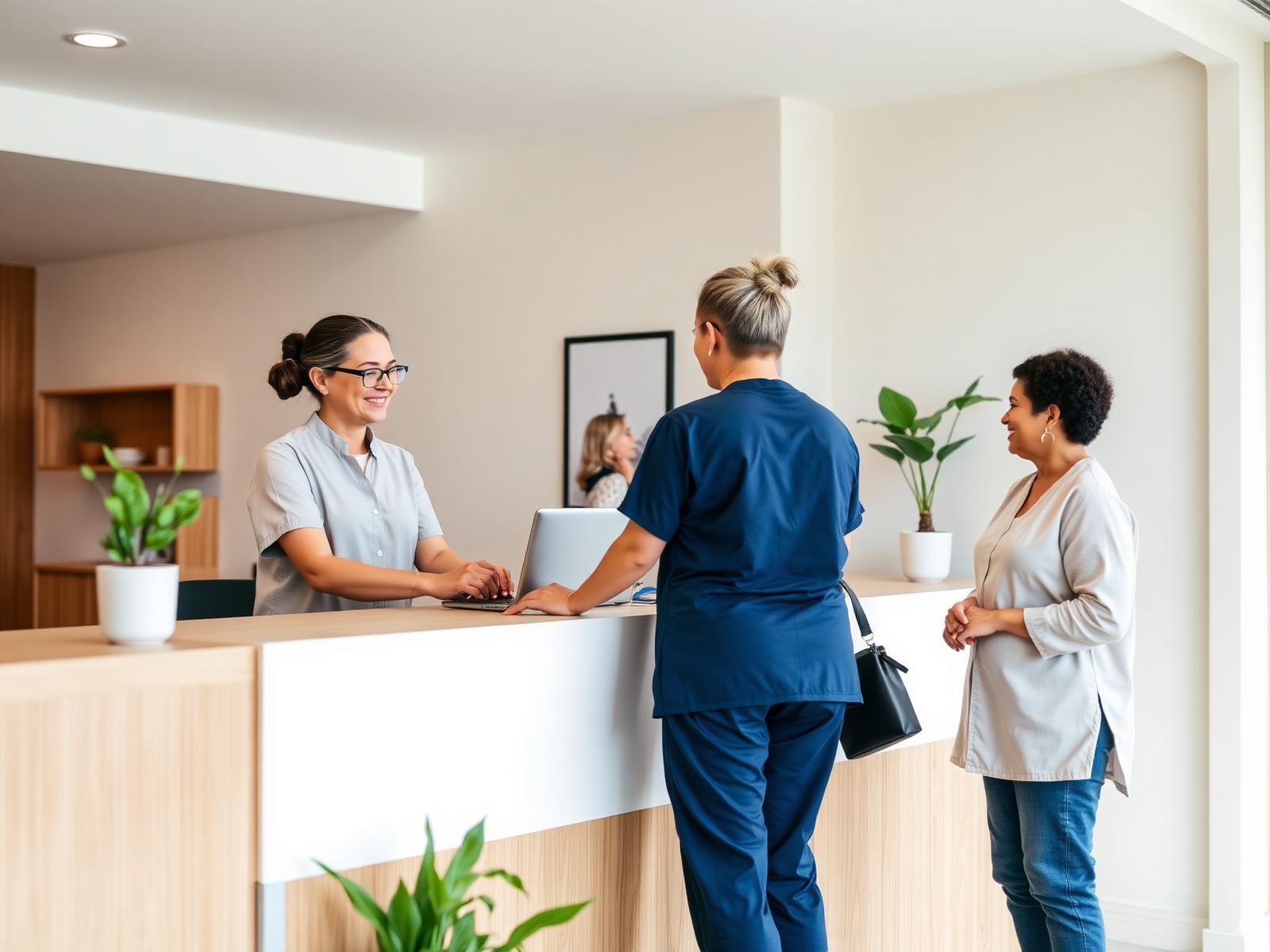 A healthcare receptionist assisting a patient in a modern clinic