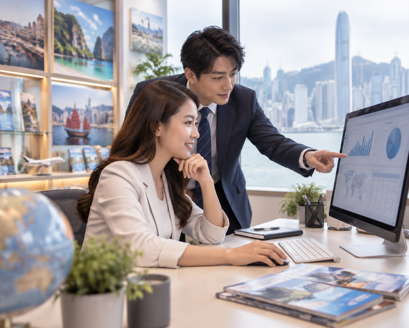 Two travel agency colleagues reviewing payment charts and booking activity on a desktop monitor in a Hong Kong travel office