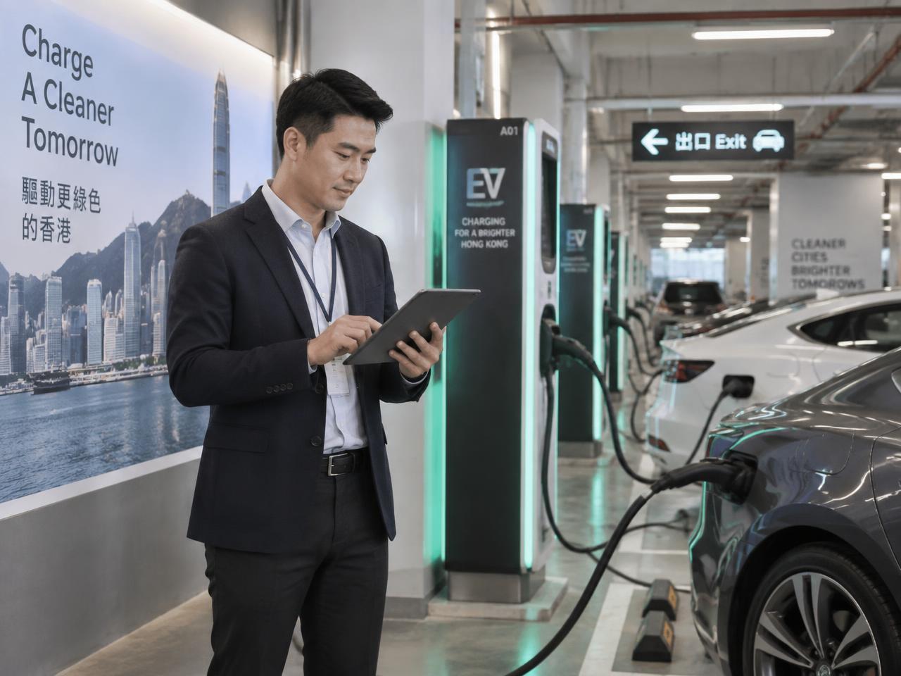 Charging network operator reviewing payment activity on a tablet beside EV charging stations