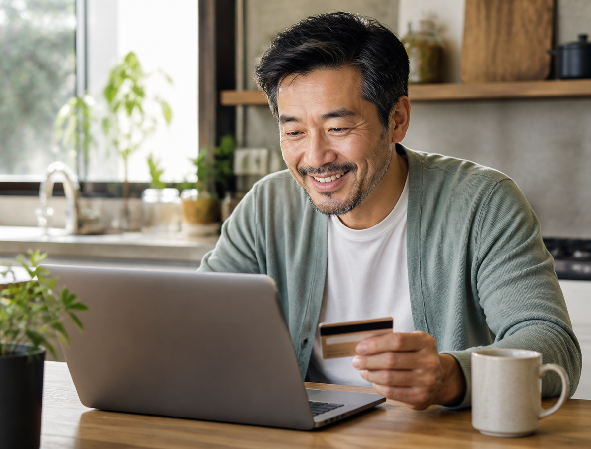 Smiling middle-aged Asian man donating again on his laptop with a saved card at his kitchen table in the morning