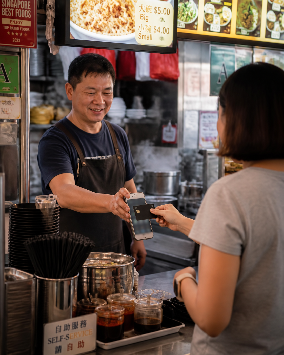 Asian hawker stall owner in an apron holding out his smartphone across a compact food stall counter while a customer taps a contactless card on it to pay