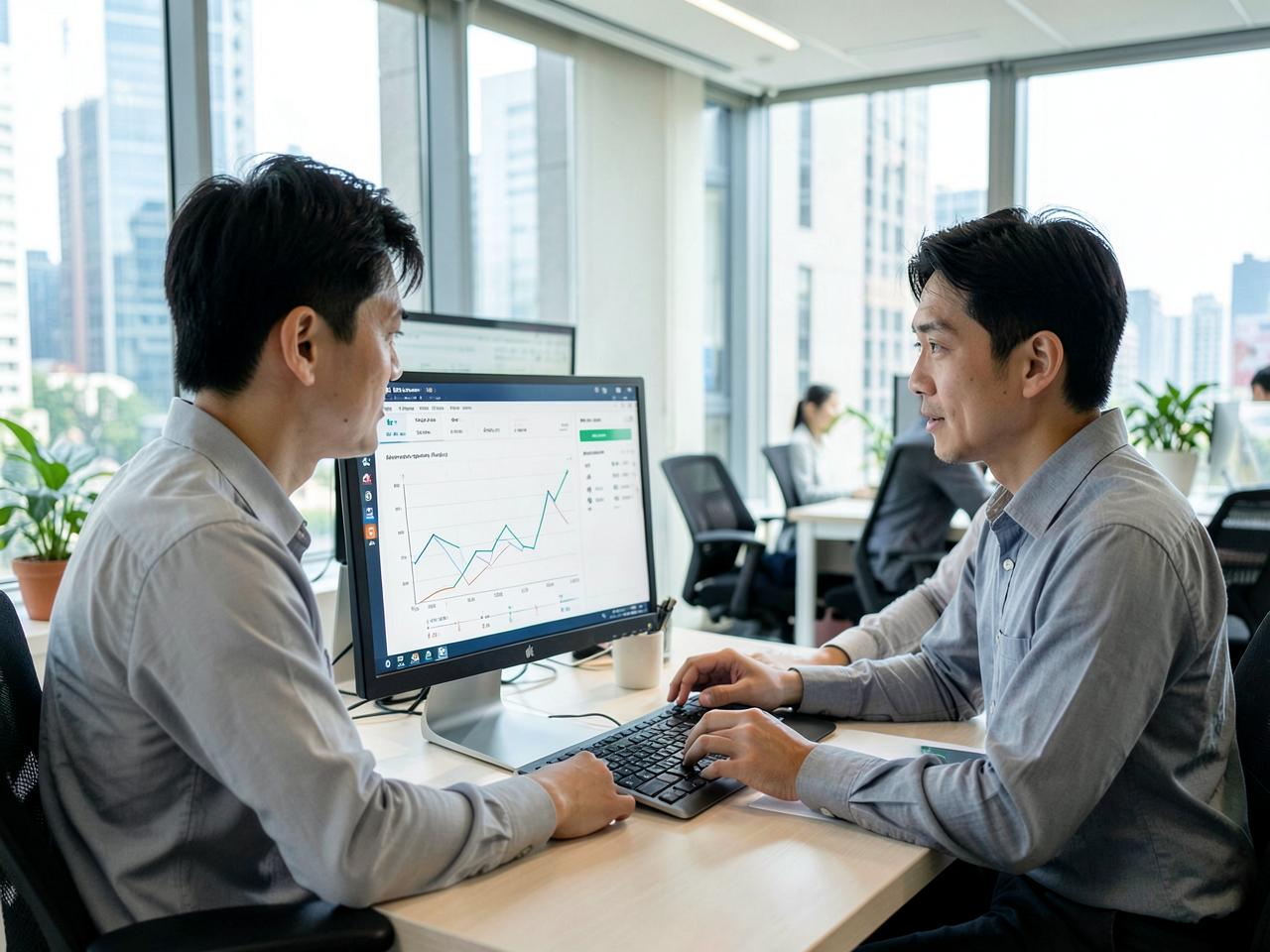Two Asian colleagues reviewing incoming and outgoing payment activity on a desktop monitor in a Hong Kong office