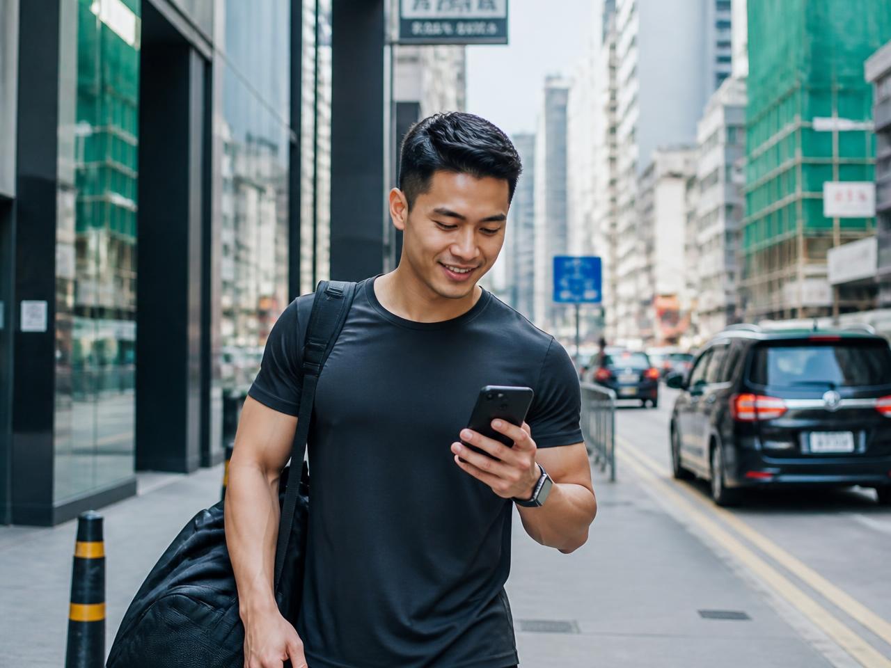 Asian personal trainer with a gym bag walking through a Hong Kong street between appointments, checking his phone