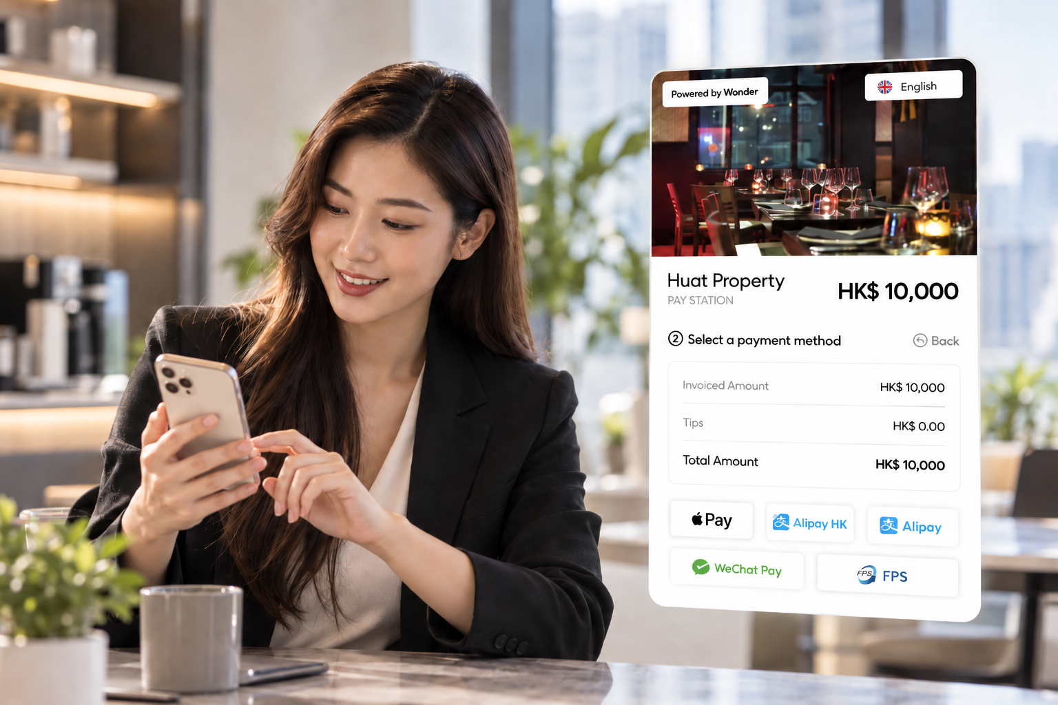 Asian property professional paying a deposit on her smartphone showing a Wonder checkout with Hong Kong payment methods
