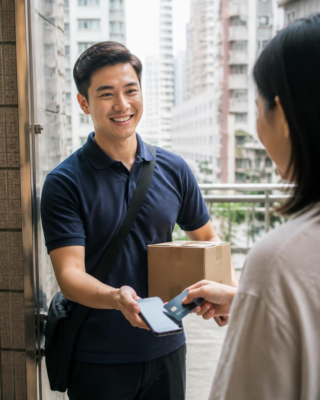Smiling Asian courier holding out his smartphone at a Hong Kong apartment entrance while a customer taps a contactless card on it to pay for a delivered parcel