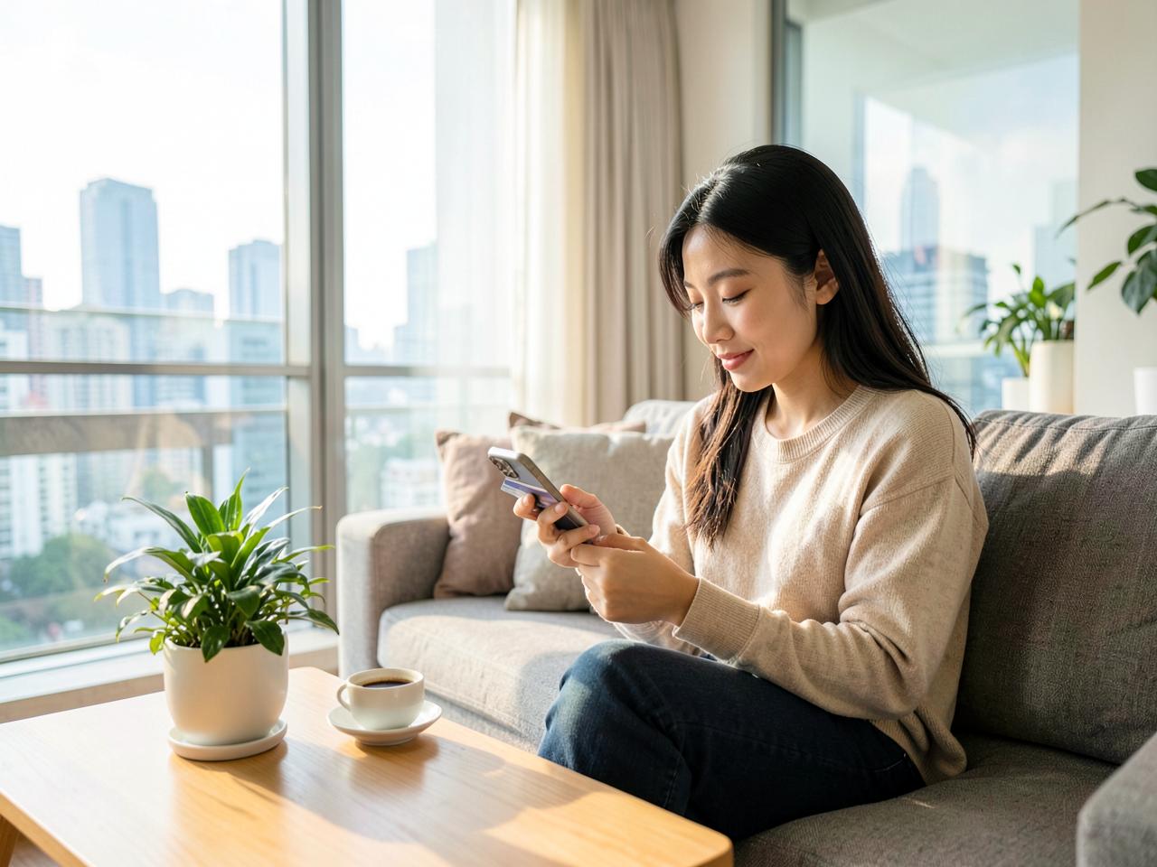 Young Asian tenant paying monthly rent on her smartphone with a saved card in her Hong Kong apartment living room