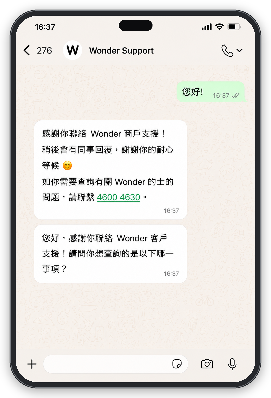 Wonder Support conversation on WhatsApp