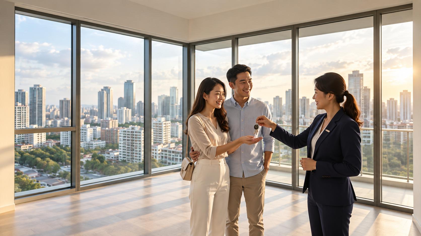 Asian property agent handing apartment keys to a smiling couple in a new condominium with city skyline views