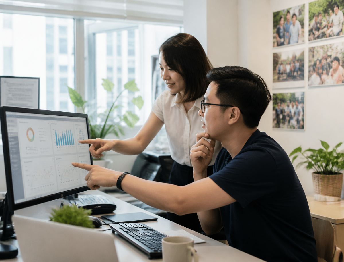 Asian NGO office team reviewing donation payment activity on a desktop monitor in a bright Hong Kong office