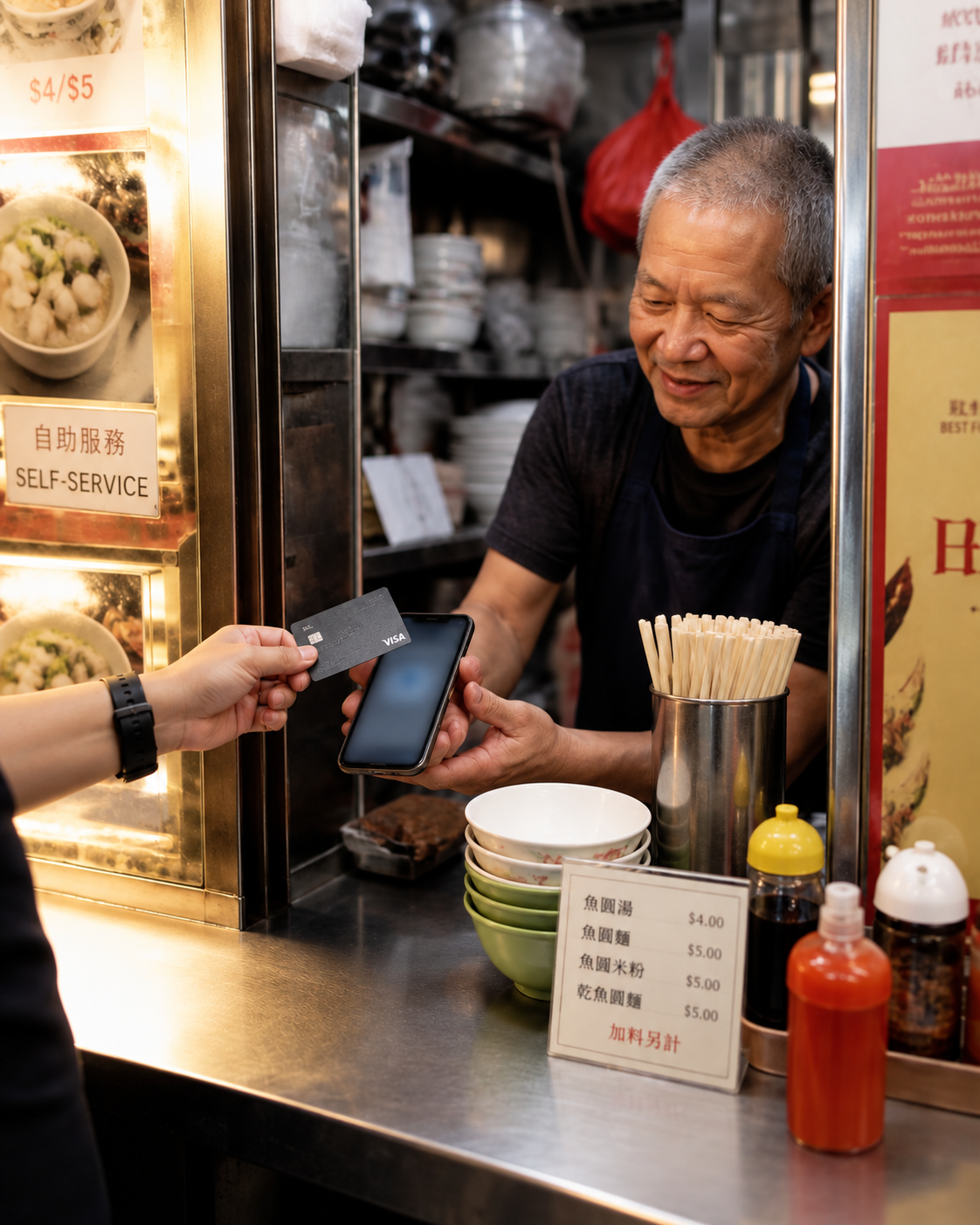 Close view of a compact Asian hawker stall counter where the owner holds only a smartphone as a customer taps a contactless card on it
