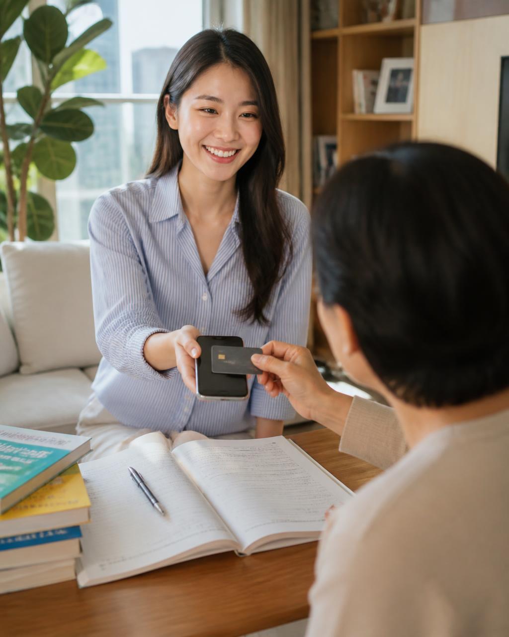 Smiling Asian private tutor in a bright Hong Kong home holding out her smartphone while a parent taps a contactless card on it to pay for the lesson