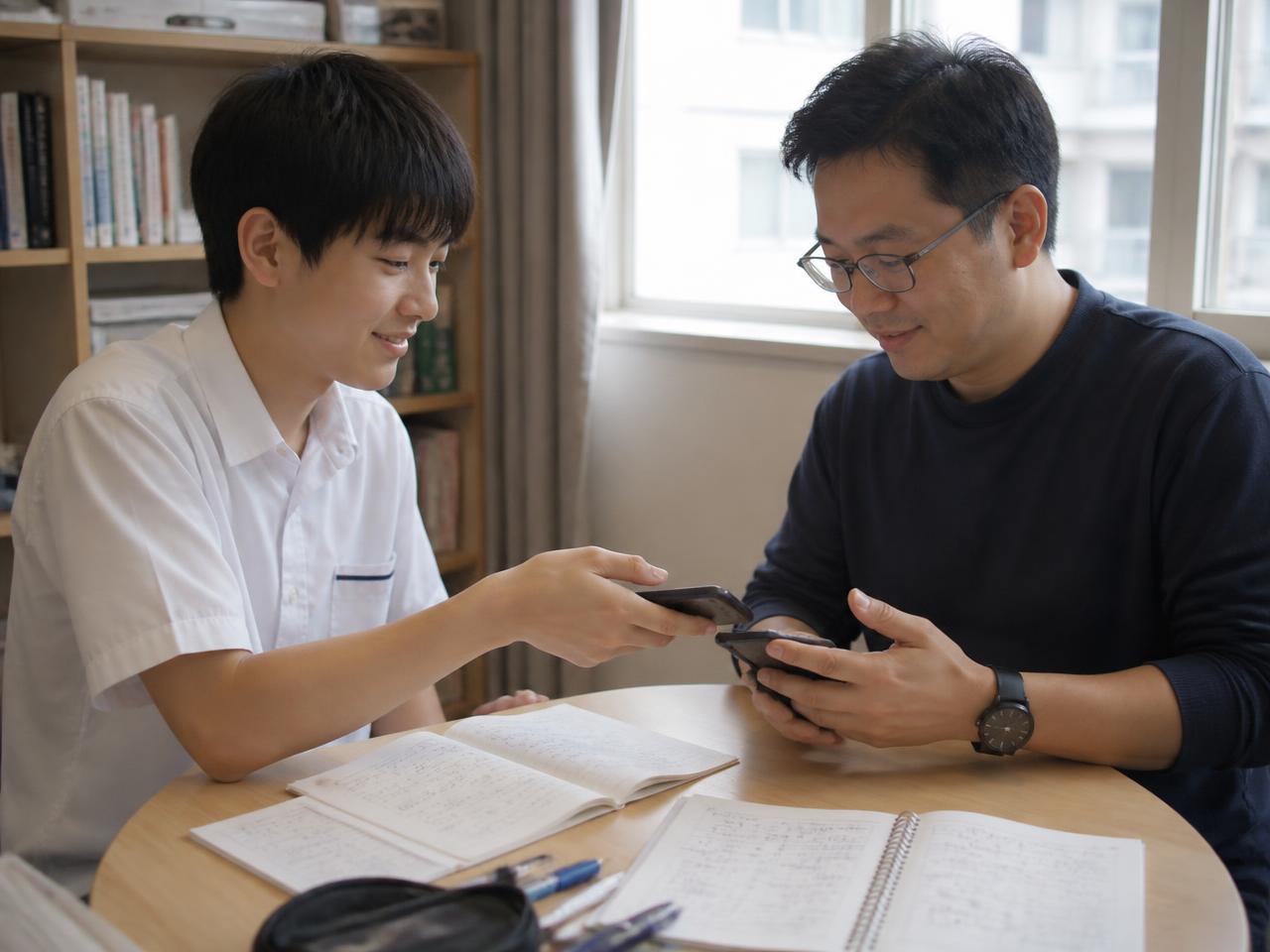 Asian private tutor at a home study desk holding out his smartphone while a student taps a mobile wallet on it after a one-to-one lesson