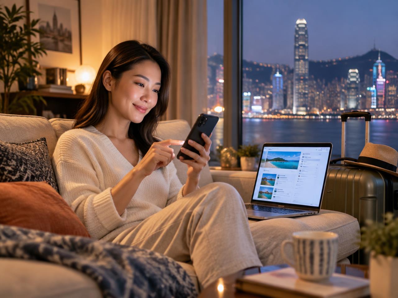 Traveller paying a trip balance on a smartphone at home with a Hong Kong harbour view
