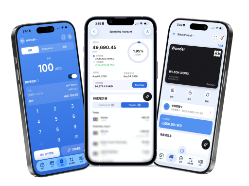 Wonder app on three phones: SoftPOS charge screen, payment method selection and card management
