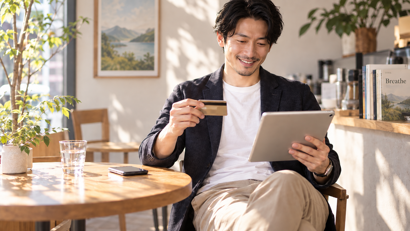 Asian professional paying for business supplies with a Wonder Card at a modern store counter