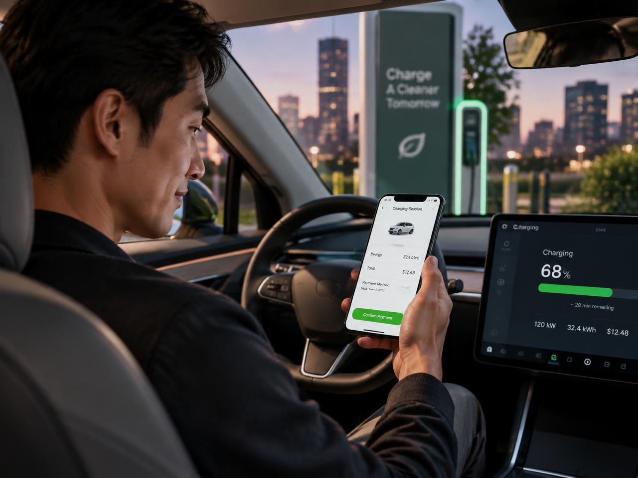 Driver confirming a charging payment inside a mobile app while sitting in an electric car