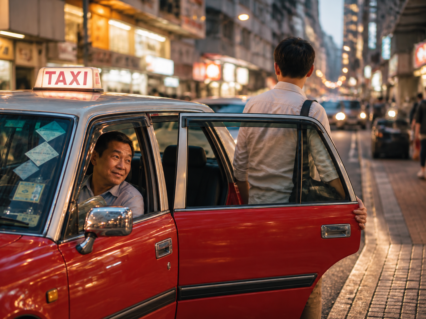 Passenger stepping out of a red Hong Kong taxi at the kerb in the evening while the driver looks back