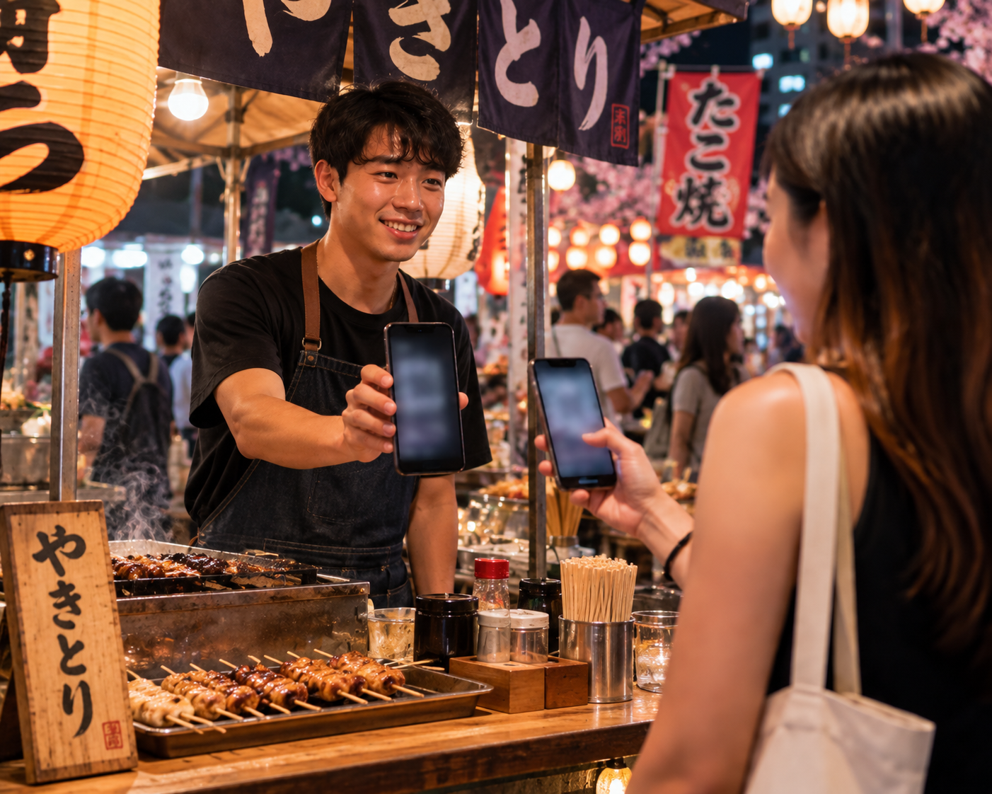 Young Asian vendor at an outdoor night market pop-up food stall holding out a smartphone showing a payment QR code while a customer scans it with her phone