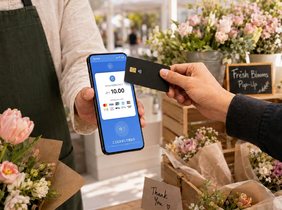 Wonder Visaカードを、Wonder SoftPOSの決済画面を表示するスマートフォンにタップする手