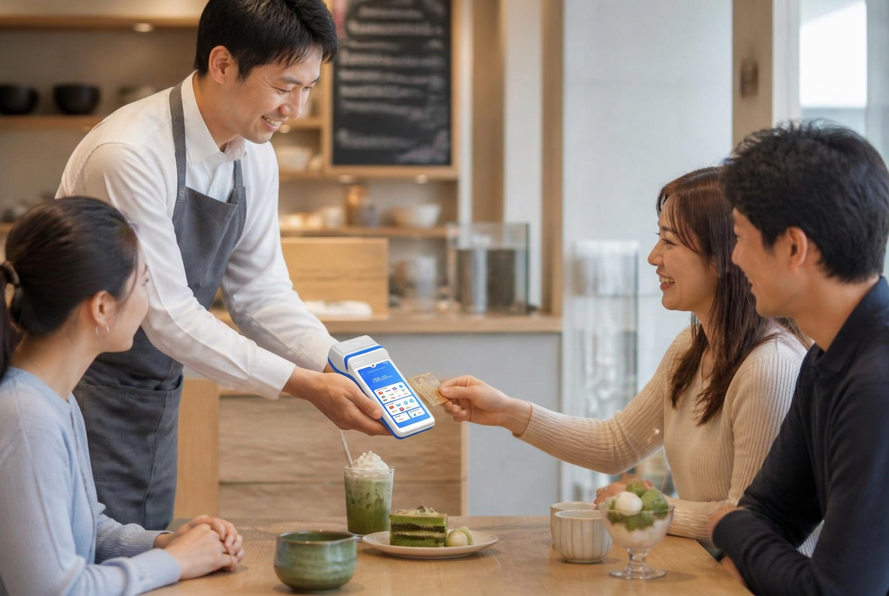 デザートカフェでカードで支払う着席客にWonder Terminalを差し出すスタッフ