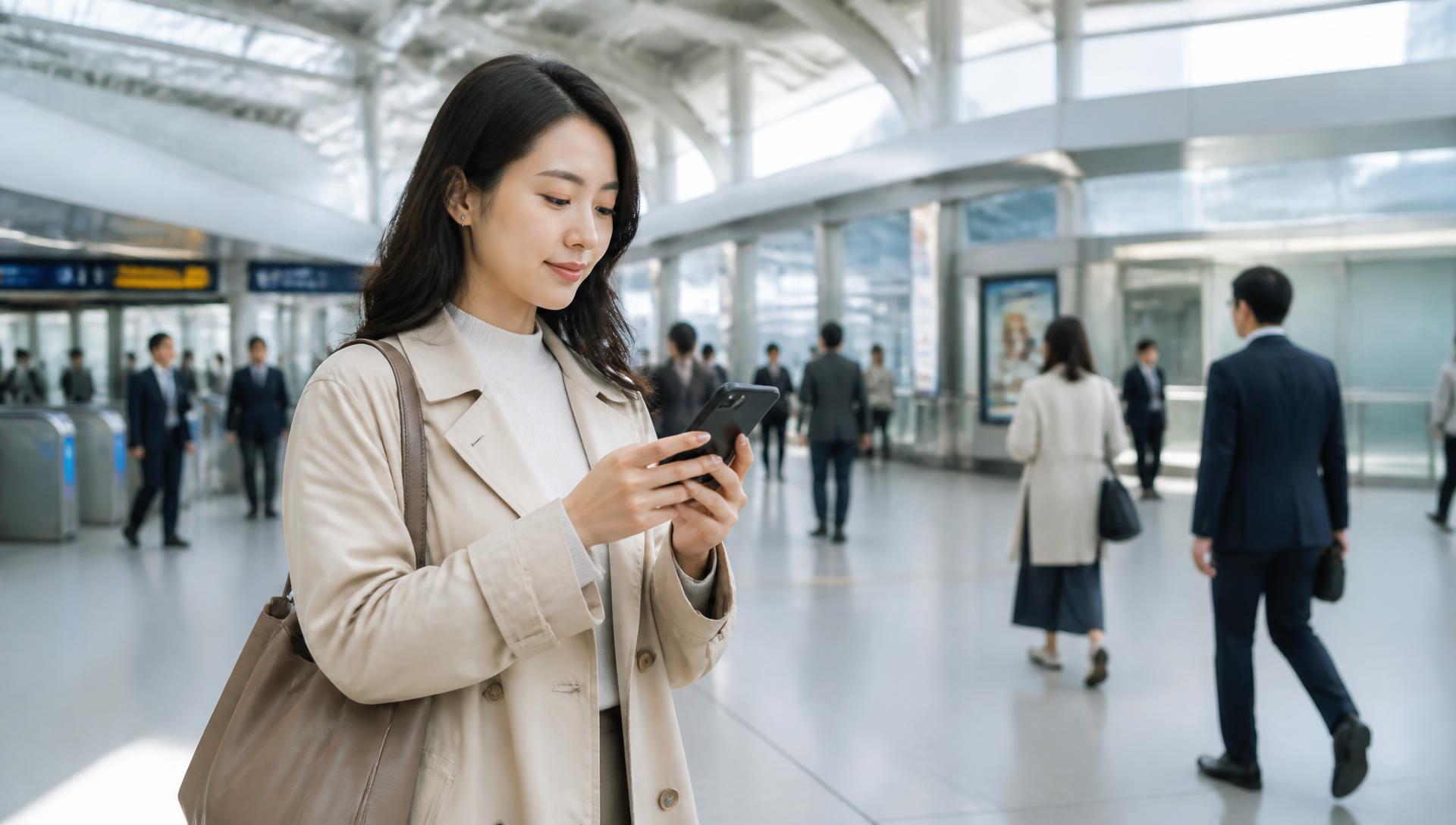 Commuter using a mobile app in a modern transit station