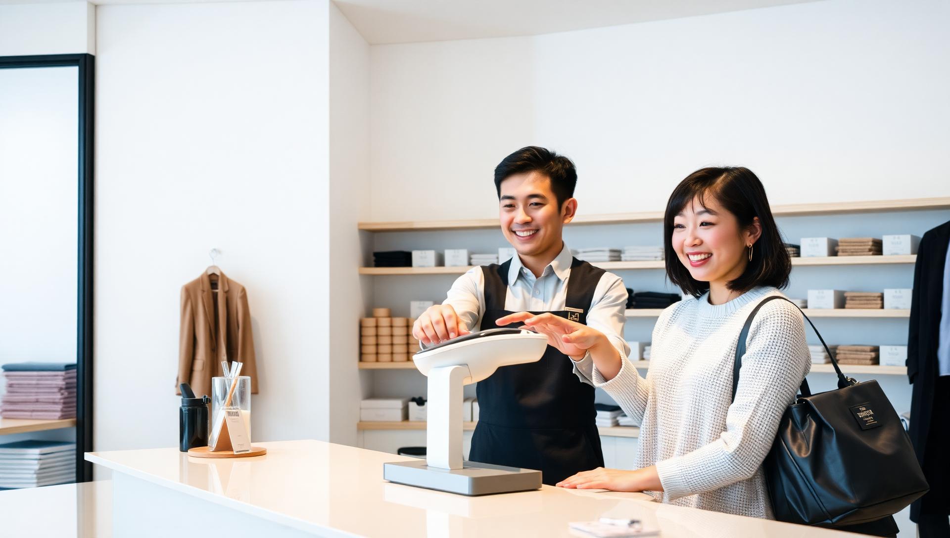 Merchant handing a Wonder Terminal to a customer in a Japanese boutique
