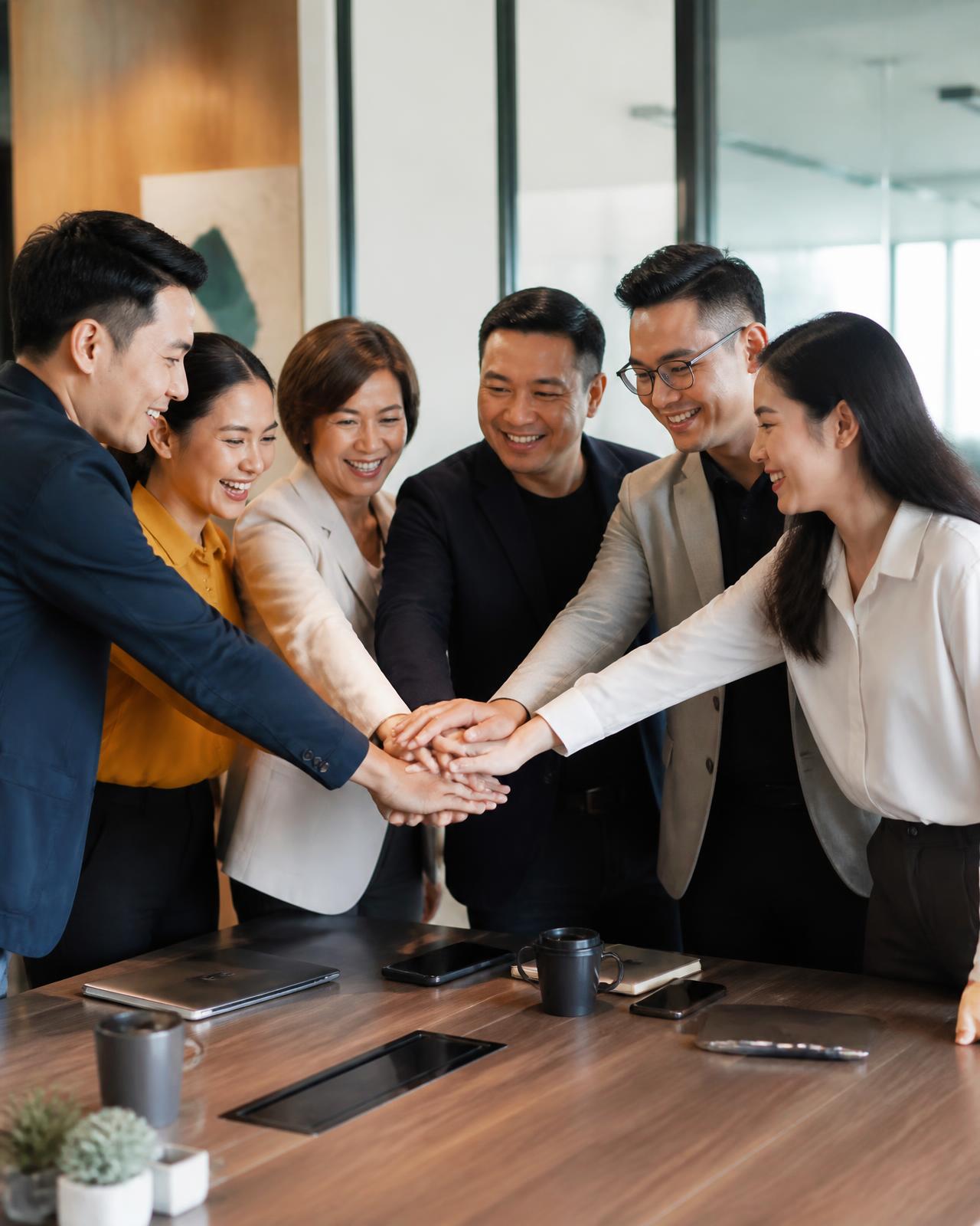 Wonder partners joining hands together around a meeting table