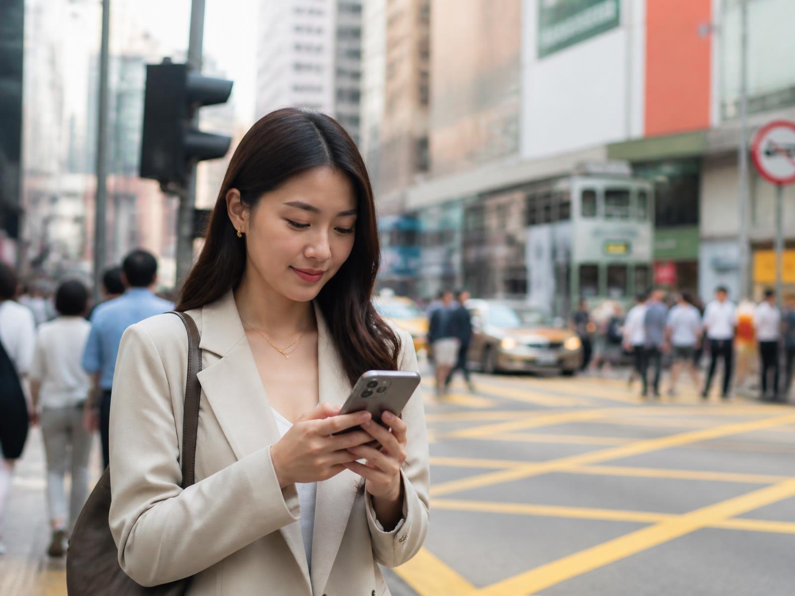 Customer using a business mobile app on a Hong Kong street