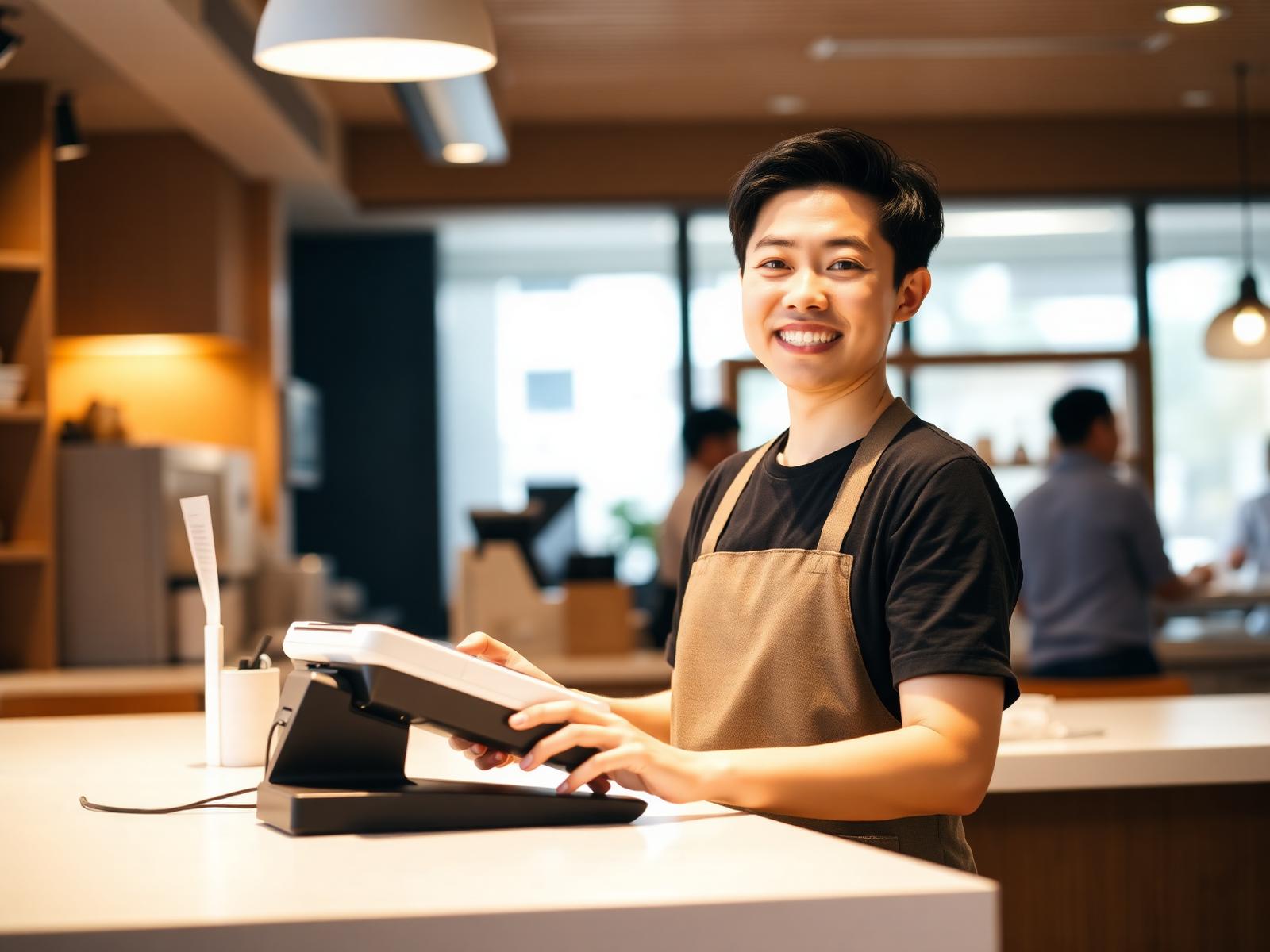 Merchant in a Hong Kong cafe holding a Wonder Terminal