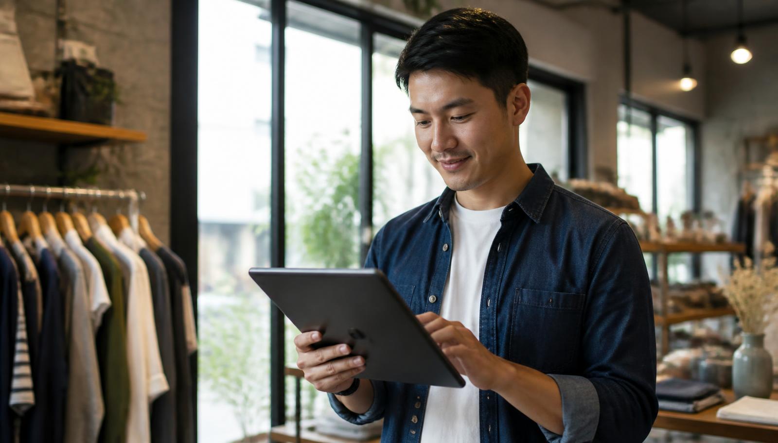 Shop owner browsing an app marketplace on a tablet in a modern boutique