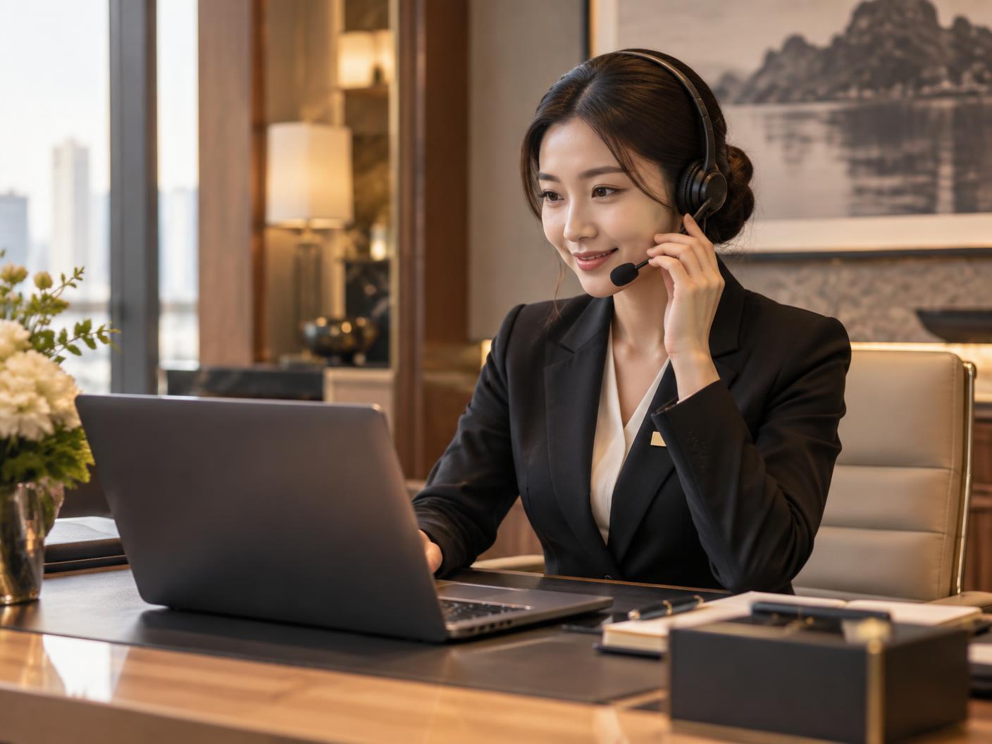 Hotel reservations team member taking a booking by phone at a desk